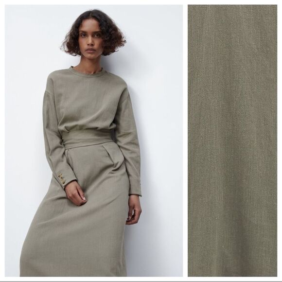 SOLD❌Zara Linen blend khaki midi dress - Picture 1 of 15